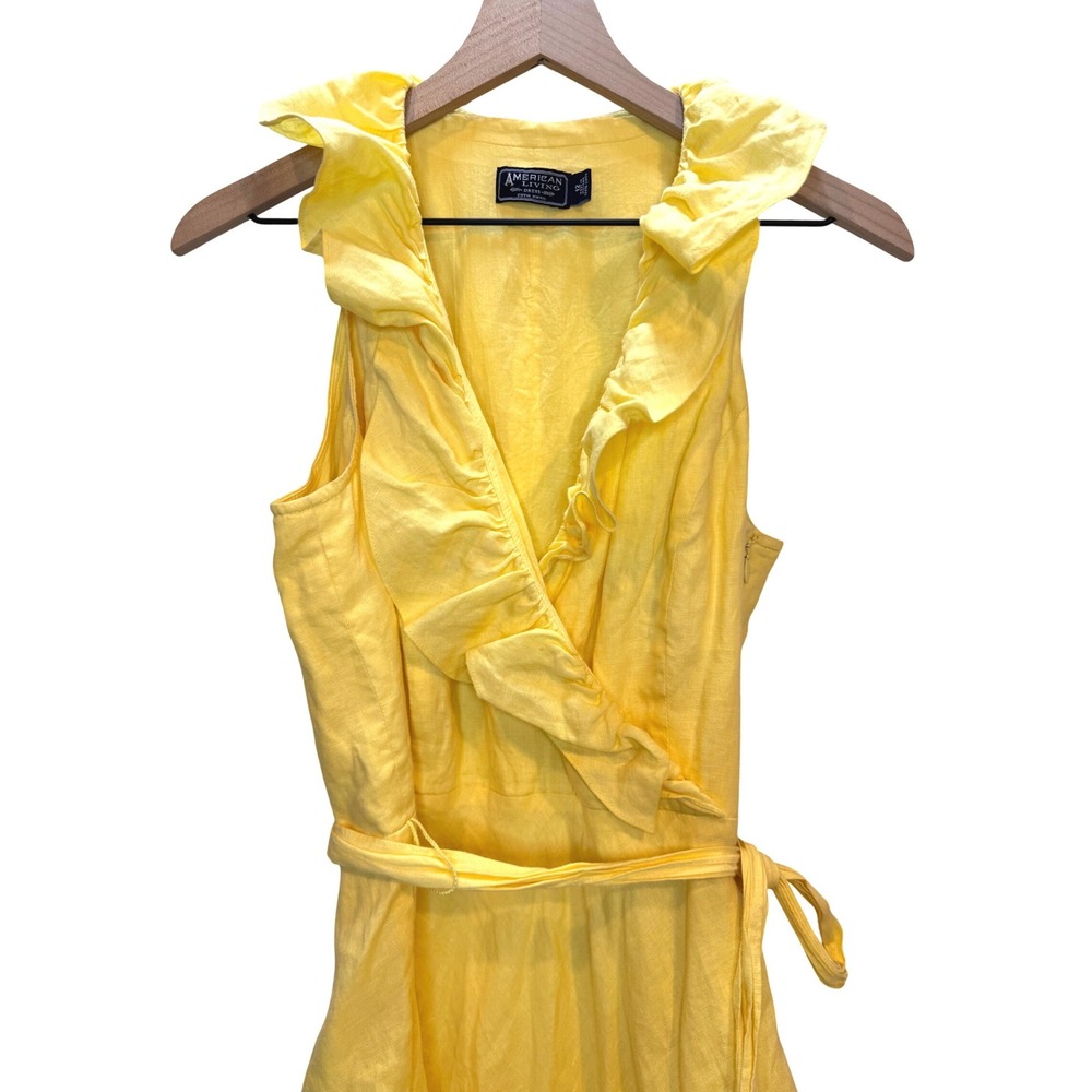 American Living 100% Linen Midi Dress Size 12 Butter Yellow Ruffle Sundress Soft